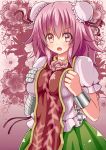  1girl bandages blush breast_squeeze breasts bun_cover chinese_clothes cuffs double_bun flower ibaraki_kasen moura_(kenyuugetu) open_mouth pink_eyes pink_hair rose short_hair solo tabard touhou 