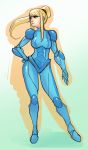  1girl adapted_costume bangs blonde_hair blue_eyes blunt_bangs bodysuit breasts commentary contrapposto g138 hand_on_hip long_hair metroid ponytail samus_aran scrunchie shoulder_pads skin_tight solo standing zero_suit 