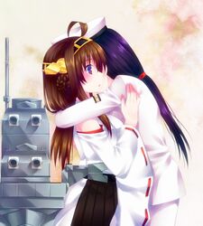  2girls bare_shoulders black_hair blush breasts brown_hair cannon detached_sleeves double_bun female_admiral_(kantai_collection) hair_ornament hairband hat headgear hug japanese_clothes kantai_collection kongou_(kantai_collection) long_hair multiple_girls naval_uniform nontraditional_miko open_mouth personification skirt smile turret 