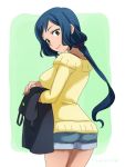  1girl @@@ apron ass blue_hair breasts denim denim_shorts from_behind green_eyes gundam gundam_build_fighters iori_rinko large_breasts lipstick long_hair looking_back makeup ponytail shorts smile solo sweater 