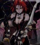  1girl artist_request bare_shoulders blade bloodrayne bloodrayne_(videogame) breasts cleavage elbow_gloves fingerless_gloves gloves highres jewelry large_breasts looking_at_viewer necklace parted_lips red_eyes redhead short_hair smile solo wide_hips 