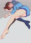  1girl barefoot blue_dress brown_hair chargeman_ken! closed_eyes dress hair_ornament hairclip highres lying nagisa-sensei on_side open_mouth short_hair single_boot sleeping soles solo toes washi_no_tosaka 