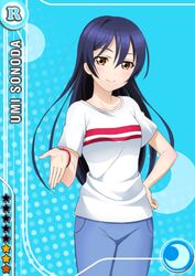  blue_hair blush brown_eyes character_name long_hair love_live! love_live!_school_idol_project smile sonoda_umi t-shirt 