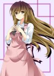  1girl alternate_costume apron blush bow breasts brown_eyes brown_hair fingers_together gradient_hair highres hijiri_byakuren large_breasts long_hair long_sleeves looking_at_viewer multicolored_hair purple_hair rappa_(rappaya) smile solo touhou very_long_hair 