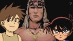  3boys barbarian black_eyes black_hair blue_eyes brown_hair conan conan_(miyazaki) conan_the_barbarian edogawa_conan glasses long_hair looking_at_viewer meitantei_conan mirai_shounen_conan multiple_boys muscle namesake oekaki parody spiky_hair 