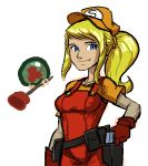  1girl belt blonde_hair blue_eyes female gloves hat ian_samson metroid metroid_(creature) oekaki overalls plunger ponytail samus_aran scrunchie smile solo super_mario_bros. utility_belt 