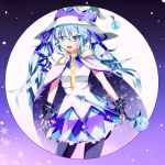  1girl absurdres blue_eyes blue_hair cape fingerless_gloves gloves hat hatsune_miku highres long_hair magical_girl open_mouth smile snowflakes solo vocaloid wand witch_hat yuki_miku 