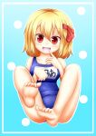  1girl absurdres bare_legs barefoot blonde_hair blush breasts fang hair_ribbon highres name_tag one-piece_swimsuit oohirakeisuke open_mouth red_eyes ribbon rumia short_hair smile solo swimsuit touhou 