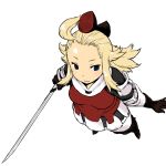  1girl ahoge armor blonde_hair blue_eyes boots bow bravely_default:_flying_fairy bravely_default_(series) edea_lee elbow_gloves faulds gloves hair_bow long_hair pantyhose smile solo sword thigh-highs thigh_boots tsukudani_(coke-buta) weapon 