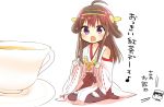  1boy 1girl admiral_(kantai_collection) ahoge bare_shoulders brown_hair chibi comic cup detached_sleeves double_bun hair_ornament hairband headgear japanese_clothes kantai_collection kongou_(kantai_collection) long_hair nontraditional_miko ouhara_lolong partially_translated personification size_difference tea teacup translation_request 