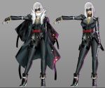  1girl ankle_boots blonde_hair boots breasts character_profile cleavage coat contrapposto eu03 fingerless_gloves gloves grey_background jacket large_breasts nail_polish original scarf short_hair solo standing sunglasses 