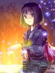  1girl black_eyes black_hair coppelion fireworks japanese_clothes kimono short_hair sitting solo sparkle sparkler translation_request tsuburaya_mana wakanu 