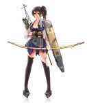  black_legwear bow_(weapon) breasts brown_eyes brown_hair cleavage kaga_(kantai_collection) kantai_collection short_hair side_ponytail simple_background temp_(artist) thighs torn_clothes weapon white_background 