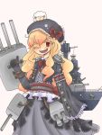  1girl :d arm_garter blonde_hair bow cannon dress elbow_gloves gloves gothic_lolita hat highres kantai_collection lolita_fashion long_hair on_head on_shoulder open_mouth original red_eyes sheep shoulder_pads smile solo us_navy uss_maryland_(bb-46) wavy_hair yukkurisireikan 