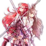  2girls armor back-to-back boots brown_eyes brown_hair copyright_name drill_hair fire_emblem fire_emblem:_kakusei garter_straps gauntlets hachimaru_(ediciusa) hair_ornament highres lance multiple_girls pegasus_knight polearm red_eyes redhead smile sumia thigh-highs thigh_boots cordelia_(fire_emblem) weapon 