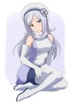  1girl @@@ aila_jyrkiainen bare_shoulders boots breasts dress elbow_gloves fur_trim gloves gundam gundam_build_fighters hat long_hair pantyhose parted_lips silver_hair sitting solo thigh-highs thigh_boots violet_eyes 