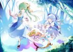  2girls blue_hair bow cirno closed_eyes daiyousei dice dress green_eyes green_hair hair_bow ice ice_wings long_hair multiple_girls open_mouth playing_games ribbon short_hair side_ponytail smile sumi_keiichi table touhou wings 