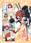  1boy 2girls 4koma admiral_(kantai_collection) akatsuki_(kantai_collection) apron brown_eyes brown_hair comic dress elbow_gloves fang frying_pan gloves hair_ornament hairclip ikazuchi_(kantai_collection) kantai_collection looking_at_viewer multiple_girls open_mouth personification school_uniform serafuku short_hair tenjou_nanaki wedding_dress 