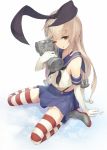  &gt;_&lt; 1girl :3 ;o anchor_hair_ornament blonde_hair brown_eyes elbow_gloves gloves hairband highres kantai_collection kinoki long_hair looking_at_viewer personification rensouhou-chan shimakaze_(kantai_collection) sitting skirt striped striped_legwear thigh-highs wariza wink 