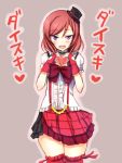  1girl bow choker fingerless_gloves gloves grey_background hat heart heart_hands looking_at_viewer love_live!_school_idol_project nishikino_maki open_mouth red_gloves redhead short_hair simple_background solo translation_request violet_eyes yu-ta 