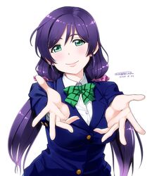  1girl blush breasts green_eyes long_hair looking_at_viewer love_live!_school_idol_project outstretched_arms purple_hair smile solo tachibana_midori toujou_nozomi twintails 