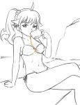  1girl ahoge araragi_karen between_breasts bikini crossed_legs cup hadoolket long_hair monogatari_(series) navel side-tie_bikini side_ponytail sitting small_breasts solo spilling swimsuit teacup 