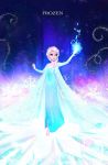  1girl bare_shoulders blonde_hair blue_eyes braid copyright_name dress elsa_(frozen) frozen_(disney) highres lips makeup single_braid smile snowflakes solo yokotn 