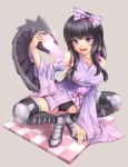  1girl background black_hair bow breasts grey_background hair_bow japanese_clothes kimono long_hair looking_at_viewer mechanical_tail op open_mouth original sand-rain sasaame solo squatting tail violet_eyes wide_sleeves 