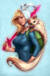  1girl adventure_time backpack bag blonde_hair blue_eyes cake_(adventure_time) fionna hood long_hair realistic smile sword weapon 