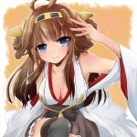  1girl ahoge bare_shoulders black_legwear blue_eyes boots breasts brown_hair cleavage detached_sleeves double_bun hair_ornament hairband headgear japanese_clothes kantai_collection kongou_(kantai_collection) long_hair looking_at_viewer nano_(177101055) nontraditional_miko open_mouth personification pleated_skirt skirt smile solo thigh-highs thigh_boots zettai_ryouiki 