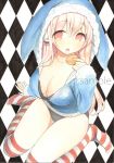  1girl animal_hood breasts bunny_hood cleavage headphones large_breasts long_hair macaron mugicha0929 nitroplus no_pants open_mouth pink_hair red_eyes solo striped striped_legwear super_sonico thigh-highs underwear 