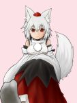  1girl :3 animal_ears bare_shoulders blush_stickers breasts feet hat highres inubashiri_momiji looking_at_viewer pink_background pom_pom_(clothes) red_eyes shirt short_hair silver_hair simple_background skirt smile solo tail tokin_hat touhou wolf_ears wolf_tail 