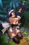  1girl alternate_costume between_breasts blue_hair breasts cleavage enmaided garter_straps highres kneeling league_of_legends long_hair looking_at_viewer maid maid_headdress nidalee polearm ponytail solo spear thigh-highs weapon yang-do yellow_eyes 