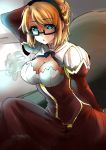  1girl alternate_hair_length alternate_hairstyle blonde_hair blue_eyes breasts cleavage cleavage_cutout dress freezing glasses hair_up hairband highres large_breasts long_sleeves mai_(4chan) puffy_long_sleeves puffy_sleeves satellizer_el_bridget semi-rimless_glasses solo under-rim_glasses 
