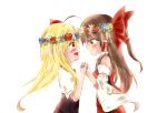  2girls ahoge aki-melody blonde_hair blush bow brown_hair crying crying_with_eyes_open detached_sleeves eye_contact flower hair_bow hair_flower hair_ornament hair_tubes hakurei_reimu holding_hands interlocked_fingers long_hair looking_at_another multiple_girls rumia tears touhou wide_sleeves wreath 
