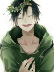  1boy black_hair bust closed_eyes crying flower hoodie kagerou_project open_mouth seto_kousuke short_hair simple_background smile solo tears white_background 
