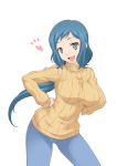  1girl blue_hair denim gundam gundam_build_fighters hands_on_hips heart iori_rinko jeans long_hair looking_at_viewer onizuka_takuto open_mouth ponytail ribbed_sweater simple_background smile solo sweater turtleneck white_background 