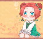  1girl ? alternate_costume alternate_hairstyle aqua_eyes background blush braid closed_mouth double_bun dress eyebrows frilled_sleeves frills hands_on_knees hong_meiling long_sleeves looking_afar multicolored_eyes panda redhead shuiro shy sitting solo touhou twin_braids wavy_mouth younger 