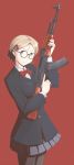  1girl ak-47 assault_rifle blonde_hair blue_eyes breasts commentary glasses gun hairband looking_at_viewer odamki original pantyhose pleated_skirt red_background rifle round_glasses school_uniform short_hair simple_background skirt solo trigger_discipline weapon 