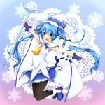  1girl akabuchi_glasses blue_eyes blue_hair cape fingerless_gloves gloves hat hatsune_miku highres long_hair magical_girl open_mouth pantyhose rabbit snowflakes solo vocaloid wand witch_hat yuki_miku 