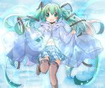  1girl green_eyes green_hair hair_ribbon hatsune_miku long_hair navel open_mouth raincoat ribbon skirt solo soutsuki_naru thigh-highs twintails very_long_hair vocaloid 