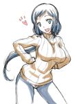  1girl blue_hair denim gundam gundam_build_fighters hands_on_hips heart iori_rinko jeans long_hair looking_at_viewer onizuka_takuto open_mouth ponytail ribbed_sweater rough simple_background smile solo sweater turtleneck white_background 