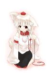  1girl animal_ears bare_shoulders blush breasts collar detached_sleeves hat inubashiri_momiji kunsei_hamu looking_at_viewer open_mouth pom_pom_(clothes) red_eyes sarashi shirt short_hair silver_hair sitting skirt smile solo tail tokin_hat white_background wolf_ears wolf_tail 