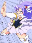  1girl angry arm_warmers blue_background cure_fortune fighting_stance hair_ornament happinesscharge_precure! heart_hair_ornament highres hikawa_iona konboi-eg long_hair magical_girl open_mouth precure purple_hair purple_skirt serious skirt solo thigh-highs violet_eyes white_legwear 