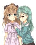  2girls alternate_costume aqua_hair arm_hug azure0608 bandaid blouse blue_eyes bow brown_eyes brown_hair hair_bow hair_ornament hairclip highres kantai_collection kumano_(kantai_collection) long_hair multiple_girls personification suzuya_(kantai_collection) tears younger 