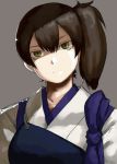  1girl blush breasts brown_hair green_eyes japanese_clothes kaga_(kantai_collection) muneate personification shaun_(fallenicons) short_hair side_ponytail solo 