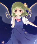  1girl blue_background bow daiyousei dress fairy_wings green_hair hair_ribbon hand_on_own_chest looking_at_viewer outstretched_arm parted_lips petals pointy_ears puffy_short_sleeves puffy_sleeves ribbon ruri_(ruri_usm) short_hair short_sleeves side_ponytail simple_background solo touhou wings yellow_eyes 