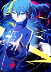  1boy 1girl absurdres artist_request back-to-back black_hair blue blue_background blue_eyes blue_hair chair ene_(kagerou_project) english headphones highres jersey kagerou_project kisaragi_shintarou short_hair sitting smile twintails 