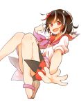  1girl black_hair convenient_leg dress eyes fang foreshortening horns kijin_seija looking_at_viewer misha_(hoongju) multicolored_hair open_mouth outstretched_arm puffy_sleeves red_eyes redhead ribbon sailor_collar sandals sash short_hair short_sleeves silver_hair smile touhou 