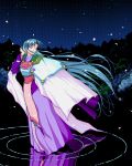  1girl 90s blue_hair cherry_blossoms facial_mark forehead_mark hand_to_head japanese_clothes kimono long_hair looking_afar looking_to_the_side night payot pink_eyes pixel_art ripples sky solo spiky_hair star_(sky) tenchi_muyou! tsunami_(tenchi_muyou!) very_long_hair walking_on_water water 